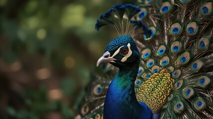Obraz premium Close-up of a peacock's head and colorful tail feathers.
