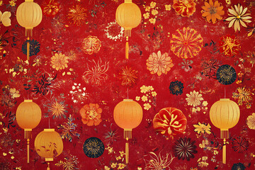 A festive Chinese New Year background featuring traditional red and gold colors, lanterns, fireworks, and intricate patterns, symbolizing prosperity and celebration



