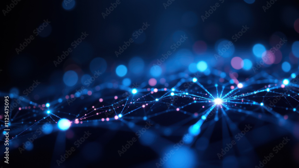 Poster computer-generated blue glowing light network with abstract digital concept of rag, retrieval augmen