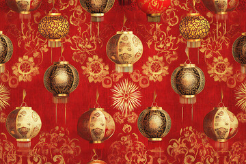A festive Chinese New Year background featuring traditional red and gold colors, lanterns, fireworks, and intricate patterns, symbolizing prosperity and celebration


