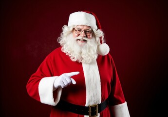 Happy Santa Claus pointing to the right side on a Red Background for Christmas Joy