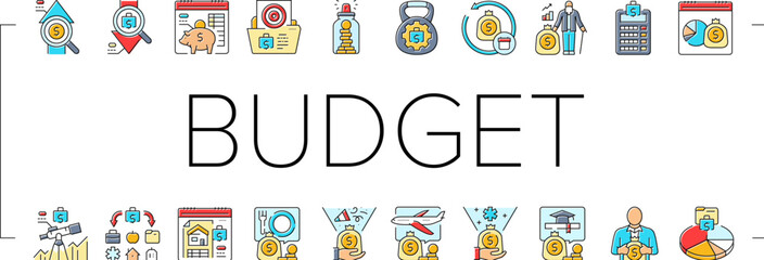 budget planning finance saving icons set vector. expenses income, allocation forecasting, analysis strategy, goal investment cashflow budget planning finance saving color line illustrations