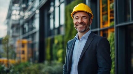 Smiling engineer wearing yellow helmet standing near green building