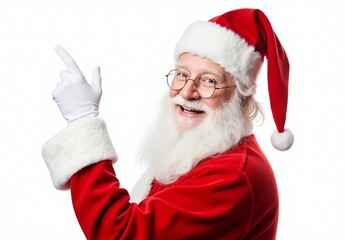 Naklejka premium Cheerful Santa Claus Pointing Upwards and Smiling in Classic Red Suit