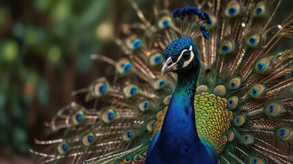 Obraz premium Close-up of a peacock with vibrant plumage.