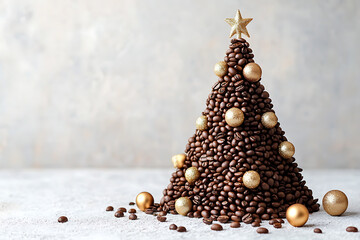 A creative Christmas tree made entirely of coffee beans arranged in the shape of a festive pyramid, decorated with gold ornaments and set against a neutral or festive background


