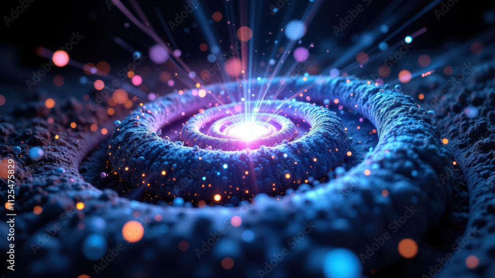 Poster stunning visual effect showcases a futuristic vortex with glowing particles and neon lights, symboli