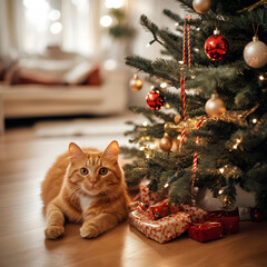 Ginger cat lies under a Christmas tree with gifts and looks into the frame. Christmas atmosphere