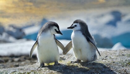 Naklejka premium Two funny little penguin cubs play on the shore in Antarctica