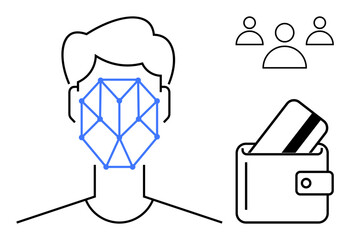 Person with geometric facial recognition pattern, credit card in wallet, and three user icons. Ideal for biometrics, security, digital identity, online transactions, user authentication, fintech