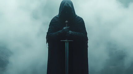 A mysterious hooded figure with a sword, shrouded in mist and darkness, exudes an aura of power and enigma. Enigma. Illustration