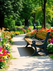 An image of a peaceful park with a wooden bench surrounded by colorful flowers and lush greenery, nature, beautiful