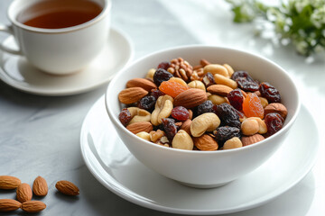 Healthy snack bowl with nuts and dried fruits alongside tea in a cozy setting