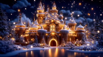 Obraz premium Enchanting winter wonderland features a stunning castle adorned with festive lights and surrounded by sparkling snow