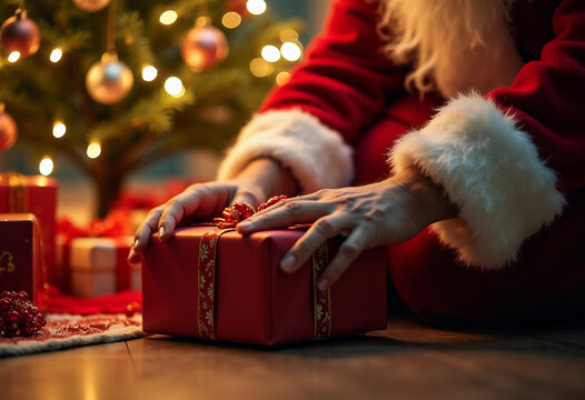 Festive Scene of Santa Placing Gifts Beneath a Christmas Tree on Christmas Eve in a cozy home interior