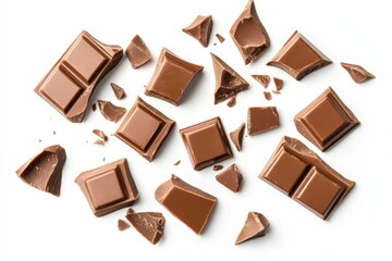 A collection of broken chocolate bar pieces scattered across the scene