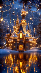 Obraz premium A glowing castle shines with festive lights over snow during a winter holiday celebration at night