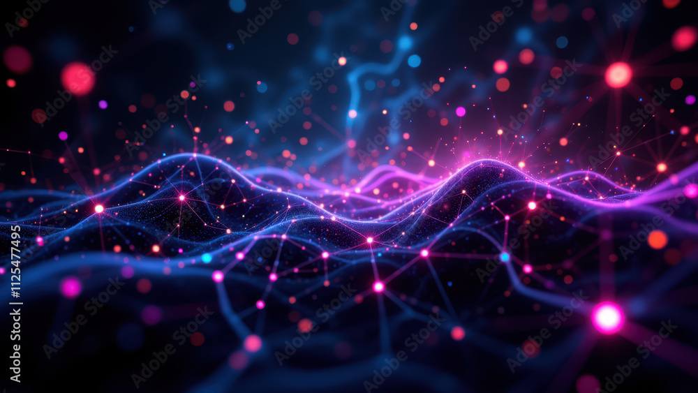 Poster a vibrant digital illustration featuring a network of spheres connected by glowing lines, representi