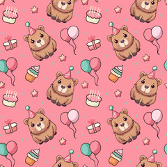 Capybara, Capy Birthday, Seamless pattern, vector, cap, balloons, cake, candles, cupcake, stars, gifts.