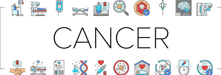 cancer treatment chemotherapy icons set vector. immunotherapy, radiotherapy surgery, oncology biopsy, remission metastasis, tumor cancer treatment chemotherapy color line illustrations