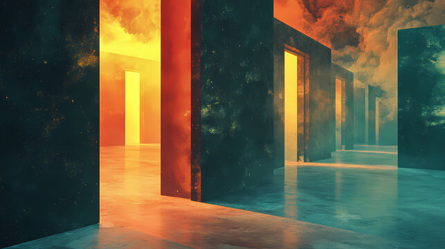 An abstract image of doors or portals leading to different parallel realities. Enigma. Illustration