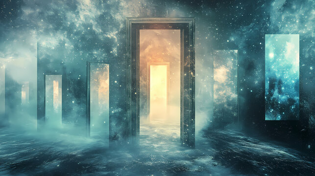 An abstract image of doors or portals leading to different parallel realities. Enigma. Illustration