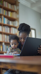 A Black African American woman is caring for and playing with her daughter while working on her laptop at home, beautifully illustrating the themes of online work, motherhood, and childhood filled wit