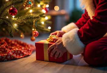 Festive Scene of Santa Placing Gifts Beneath a Christmas Tree on Christmas Eve in a cozy home interior