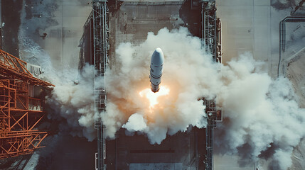 A top-down view of a launch pad moments before liftoff with a rocket igniting its engines and smoke billowing outward.