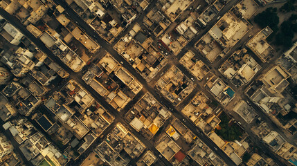 Obraz premium A top-down view of an intricate road network weaving through a dense urban environment.