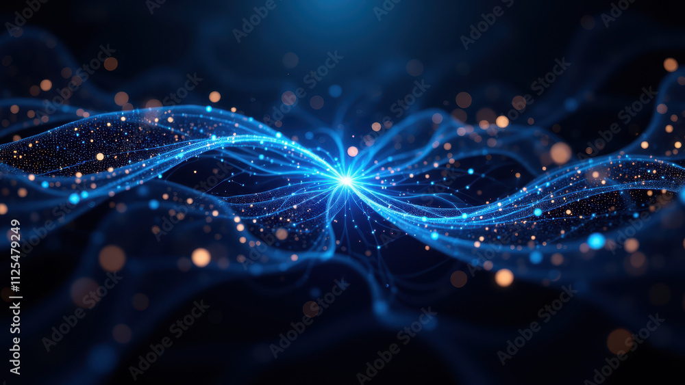 Poster a futuristic abstract digital image depicting a network of lights with a prominent glowing orb, repr