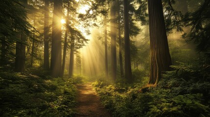 Sunbeams illuminate a misty forest path.