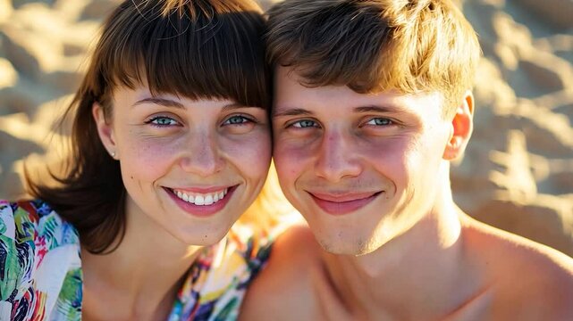 Young couple enjoys a sunny beach day, sharing smiles and laughter while basking in the warmth of the sun. Their joyful moments reflect love and togetherness in a beautiful setting