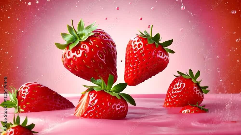 Aufkleber ripe strawberries create dynamic splashes while falling into smooth pink cream. the scene captures t