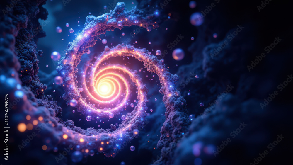 Poster image featuring a captivating galaxy with a vibrant spiral pattern, set against a cosmic backdrop fi