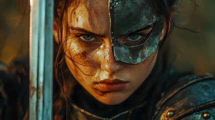 Young female fighter with a saber and armor on her face