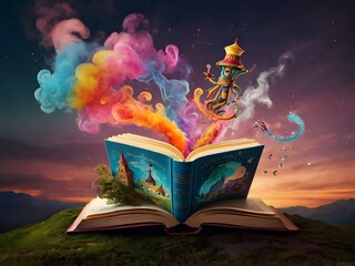 Naklejka premium Magical Book Fantasy Creature Colorful Smoke Adventure Story Open Book Sunset Landscape