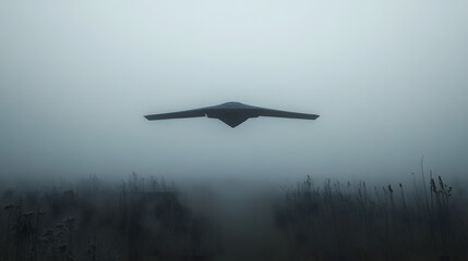 A stealth bomber flying low over a foggy field during a training operation.