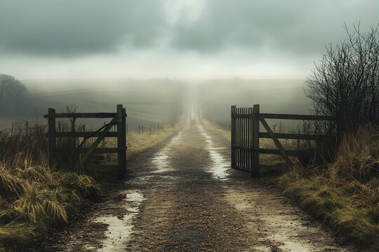 Rustic gate opening to an endless road, leading into a misty void - Powered by Adobe