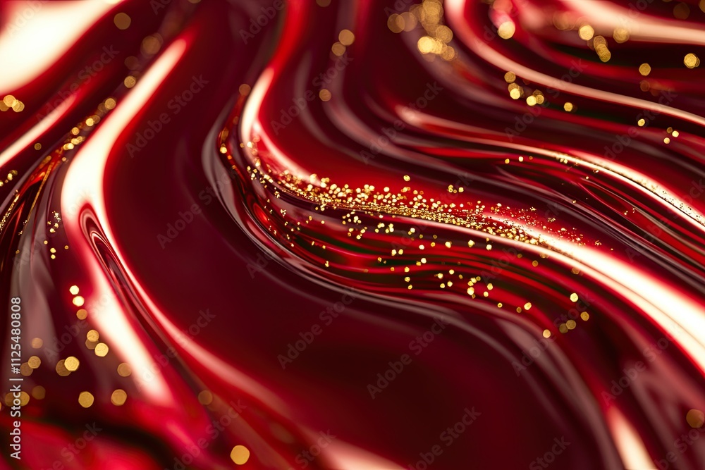 Poster rotating gold particles in red liquid. magic waves of golden shiny particles of different shades of 