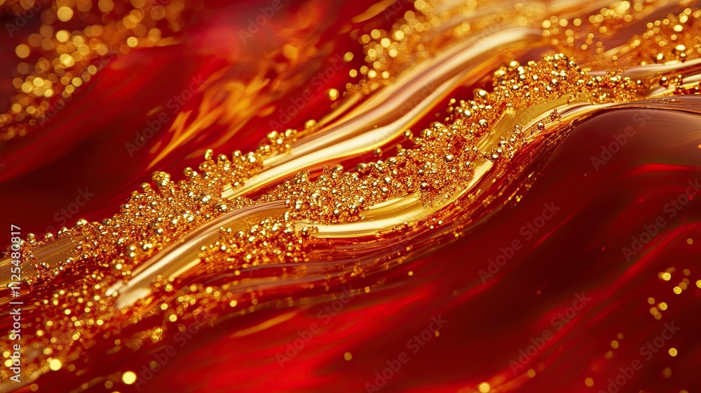 Poster rotating gold particles in red liquid. magic waves of golden shiny particles of different shades of 