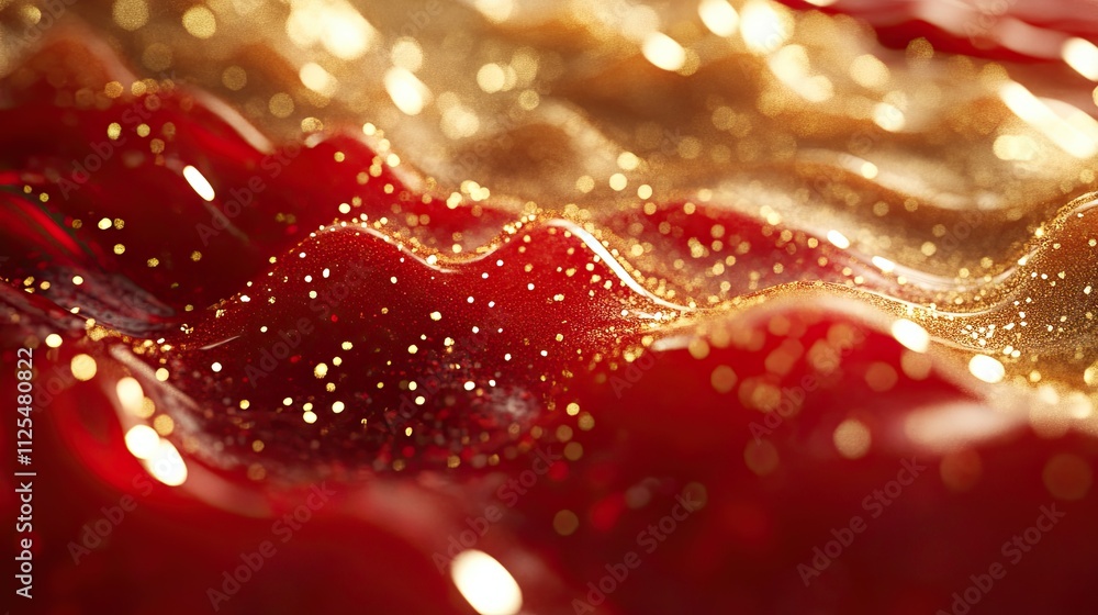 Poster rotating gold particles in red liquid. magic waves of golden shiny particles of different shades of 