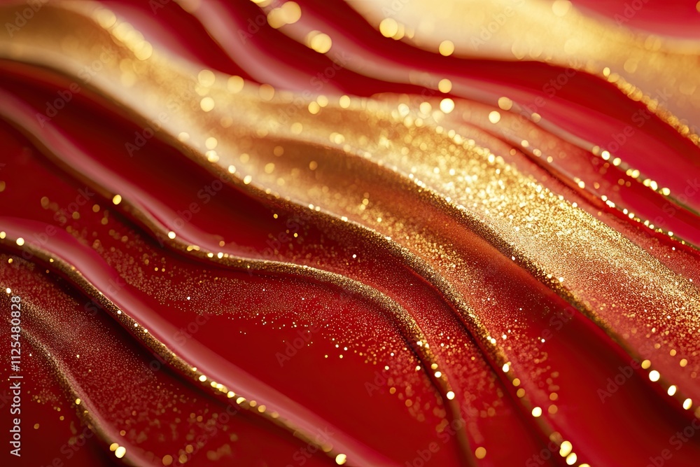 Poster rotating gold particles in red liquid. magic waves of golden shiny particles of different shades of 