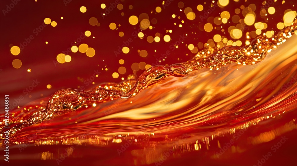 Poster rotating gold particles in red liquid. magic waves of golden shiny particles of different shades of 