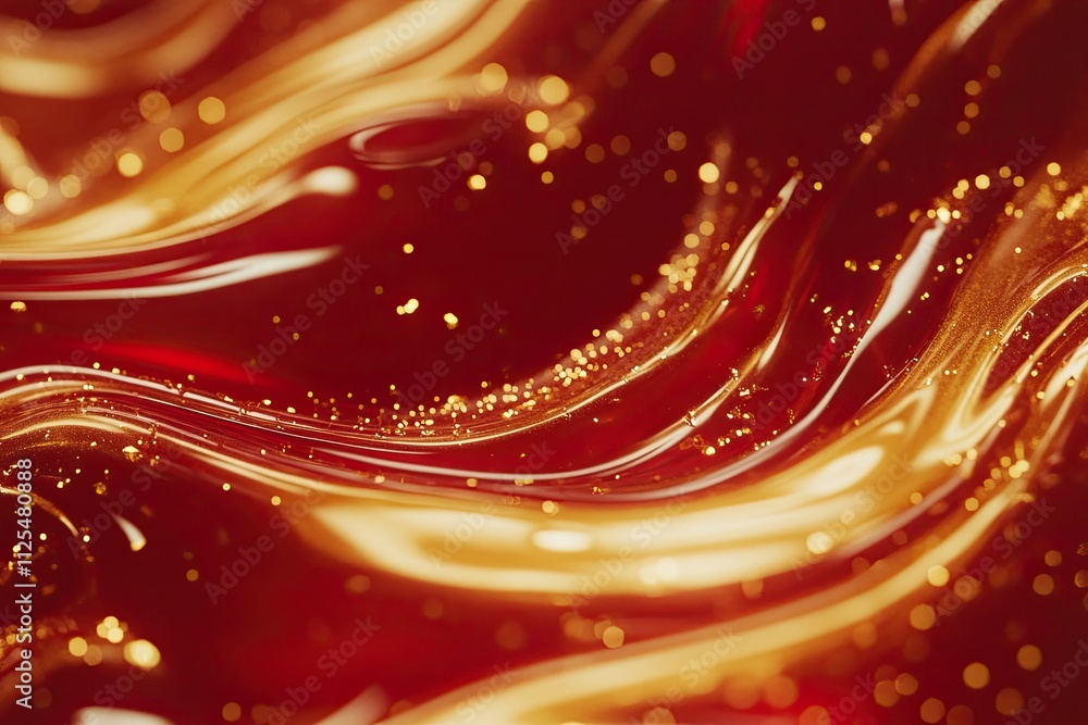 Poster rotating gold particles in red liquid. magic waves of golden shiny particles of different shades of 