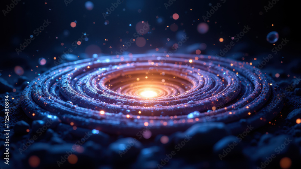 Poster a mesmerizing spiral galaxy rendered with vibrant colors and floating particles, representing a visu