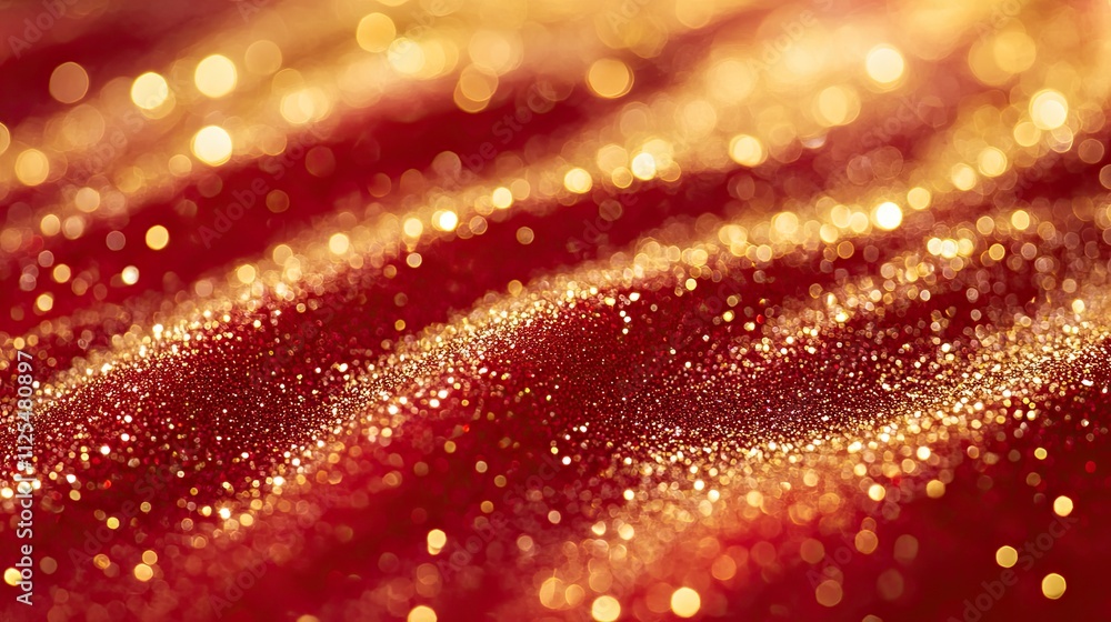 Poster rotating gold particles in red liquid. magic waves of golden shiny particles of different shades of 