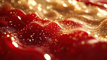 Rotating gold particles in red liquid. Magic waves of golden shiny particles of different shades of red liquid with depth of field.