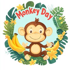 Obraz premium Cartoon Monkey in Tropical Frame with Bananas and 'Monkey Day' Lettering