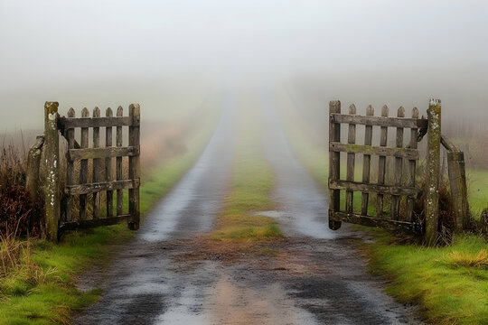 Rustic gate opening to an endless road, leading into a misty void - Powered by Adobe